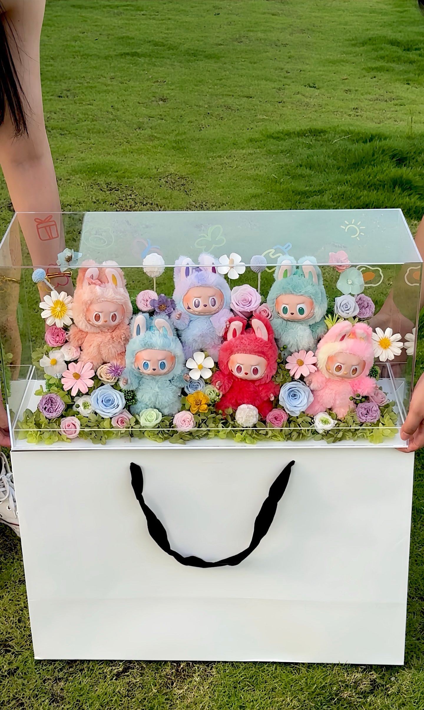 Labubu inspired - Extra Large Preserved Flower Garden with Dolls