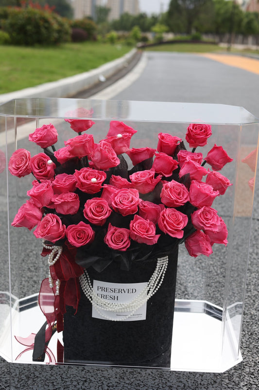 Grand Preserved Rose Bucket – 52 Rose Floral Showcase with Acrylic Case