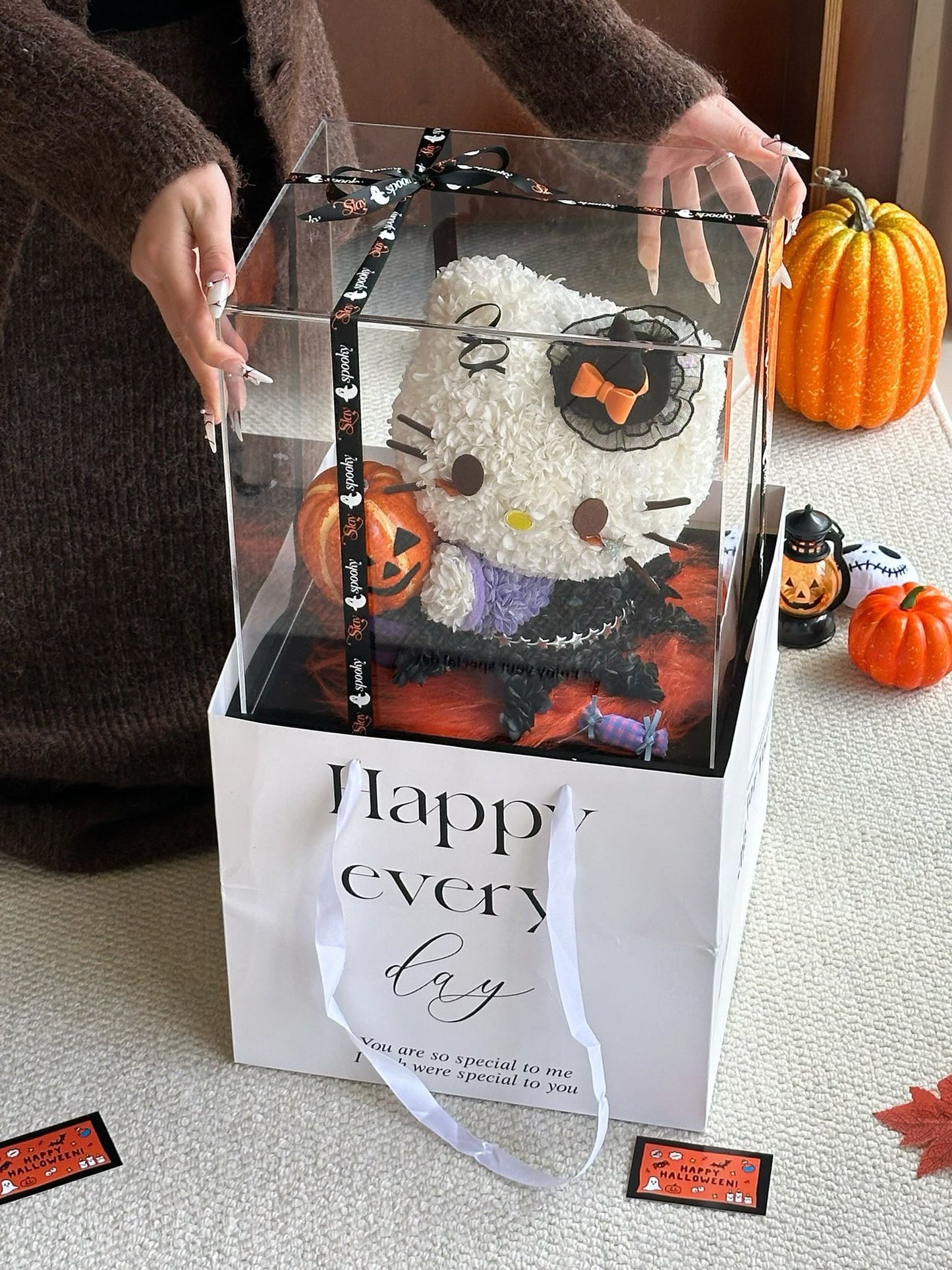 Halloween Preserved Flower Kitty | Pumpkin Theme Kitty Arrangement | Limited Edition Halloween Display