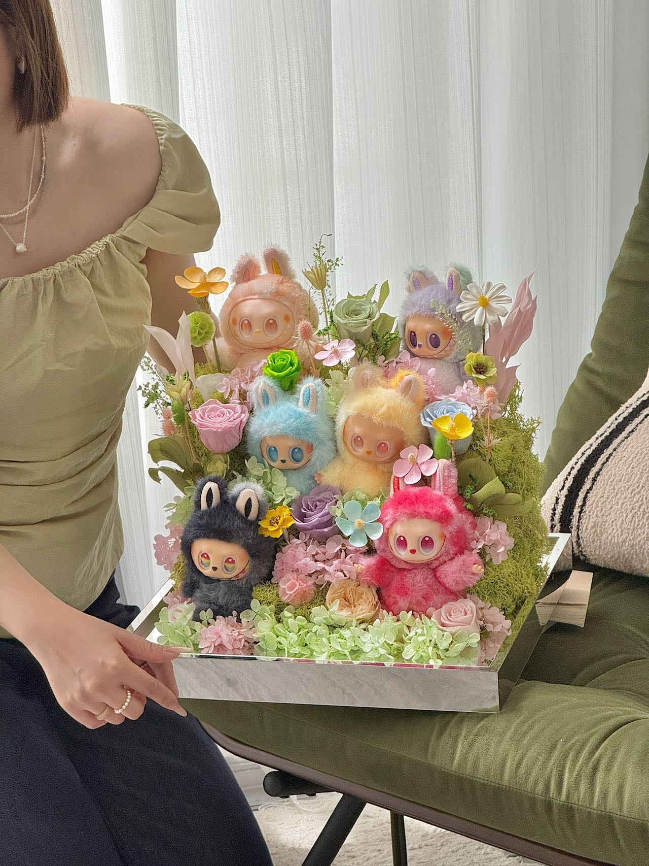 Labubu Inspired doll - Extra Large Preserved Flower Garden with Dolls