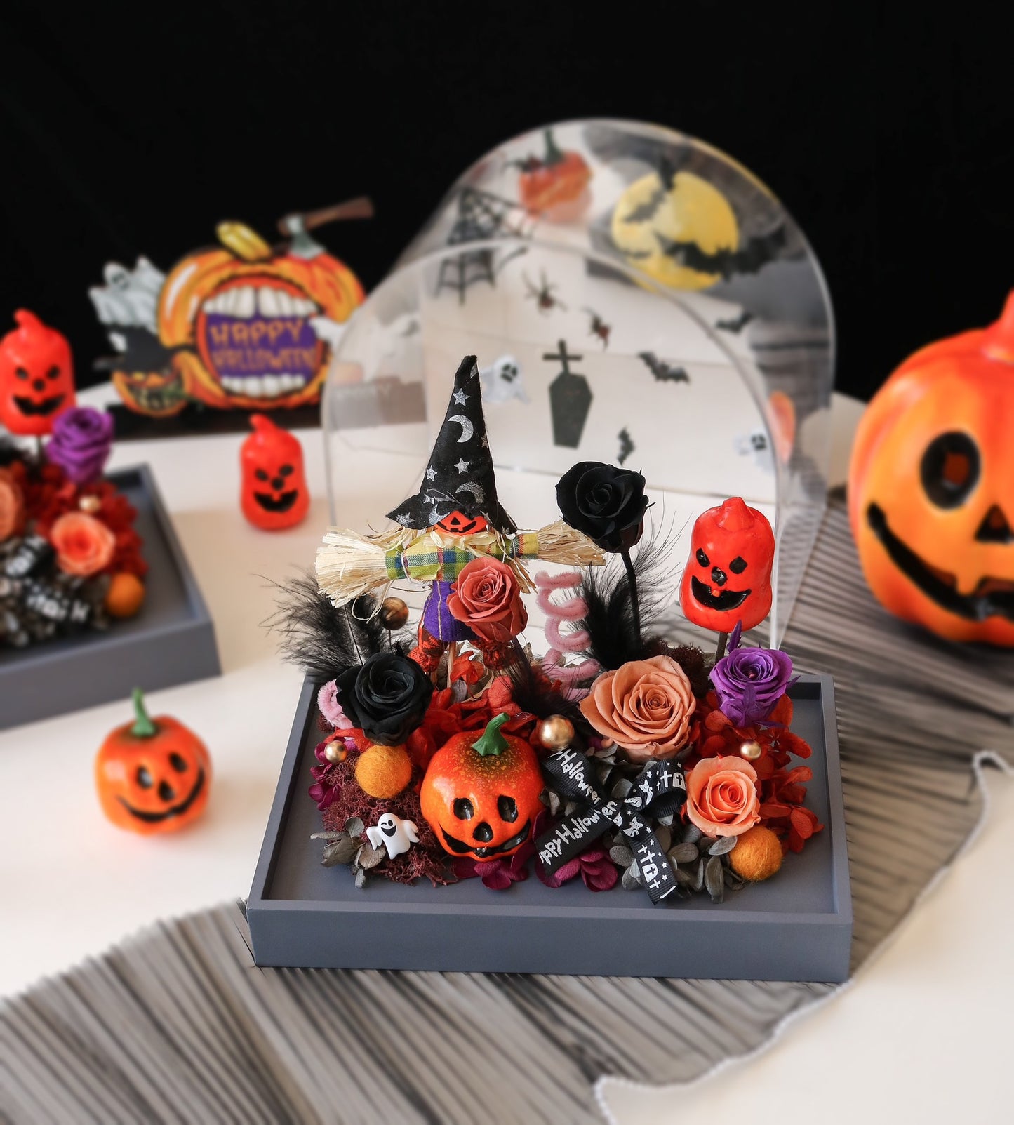 Halloween Preserved Flower Arrangement | Sweet Little Devil Theme | Witch Hat Dome Display | Spooky Centerpiece