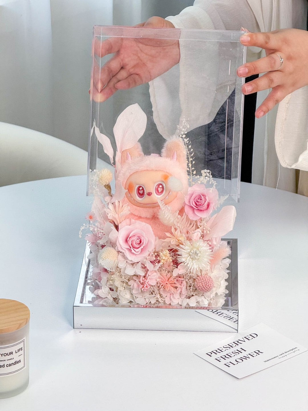 Preserved Flower Acrylic Box with Doll (Inspired by Labubu Style)