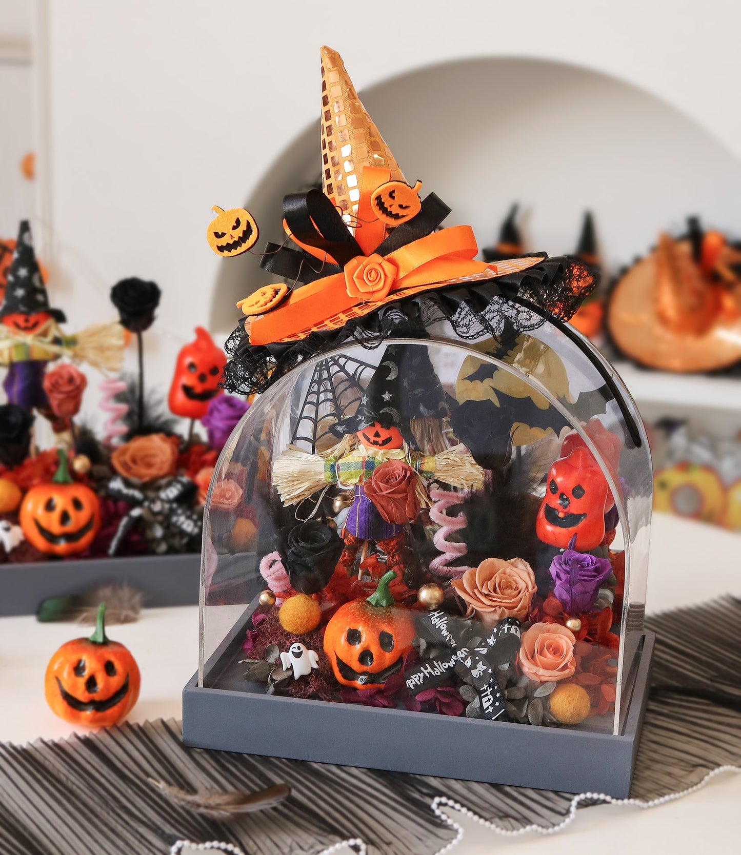 Halloween Preserved Flower Arrangement | Sweet Little Devil Theme | Witch Hat Dome Display | Spooky Centerpiece