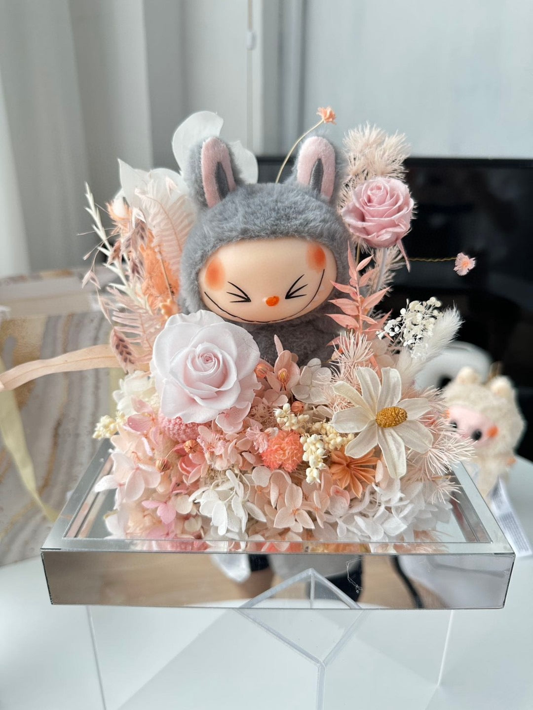 Preserved Flower Acrylic Box with Doll (Inspired by Labubu Style)