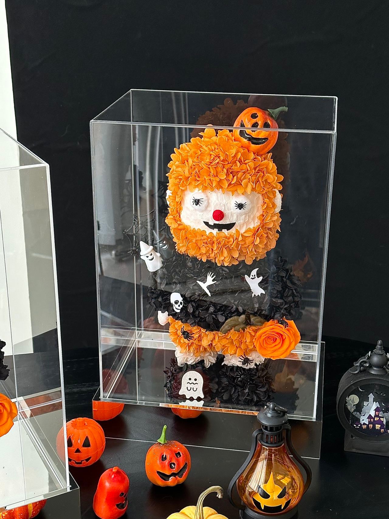 Halloween Preserved Flower Arrangement | Pumpkin Egg Ghost Design | Large Spooky Display in Acrylic Box