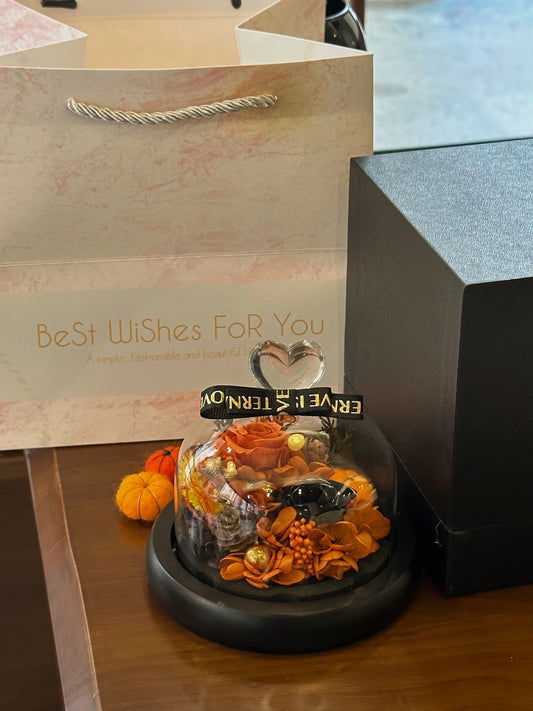Halloween Preserved Flower Dome | Pumpkin-Themed Glass Cloche LED Night Light | Gift Box Included