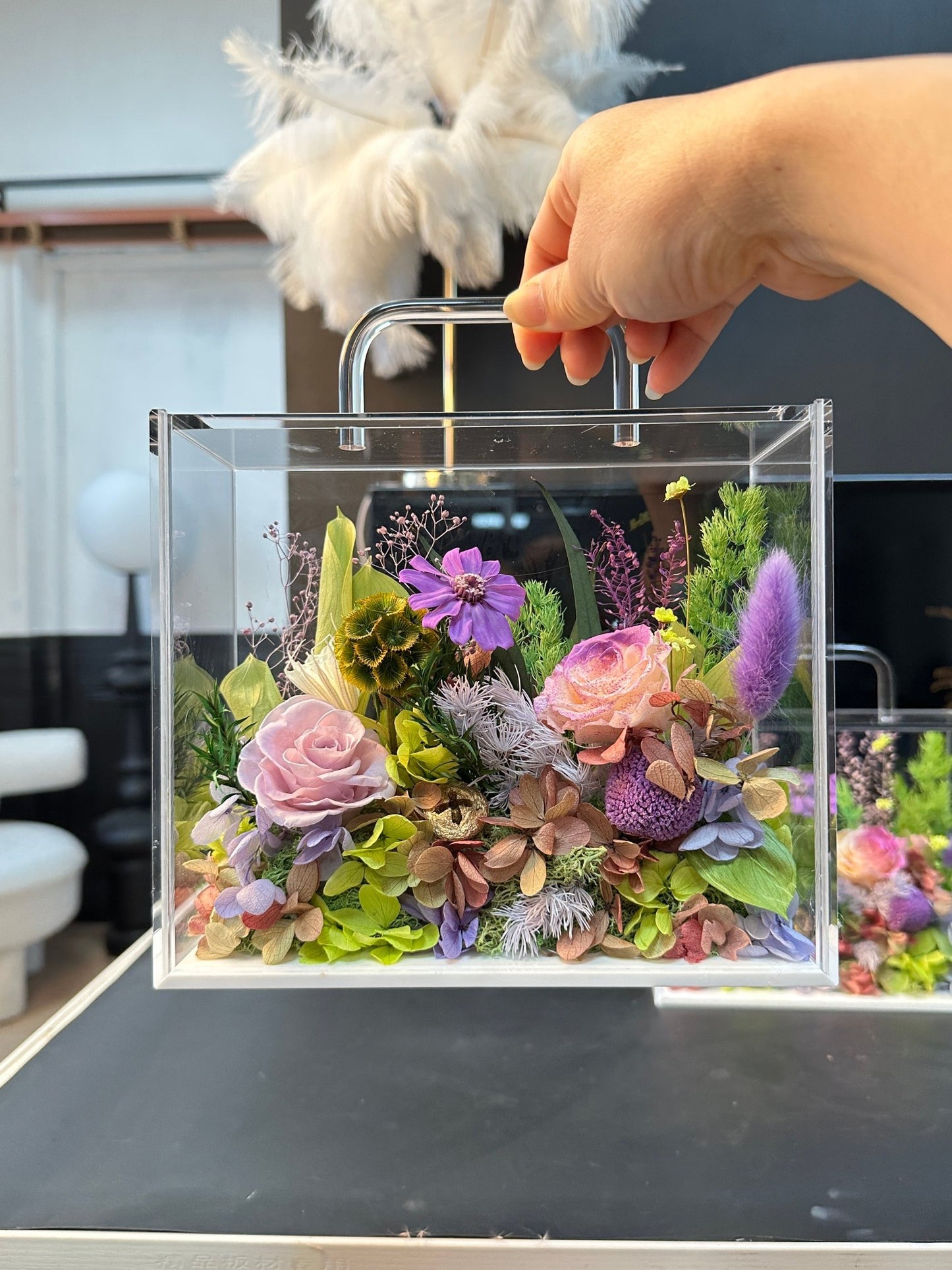 Preserved Carnation Flower Acrylic Handbag Arrangement | Mother’s Day Gift | Gift for Mum