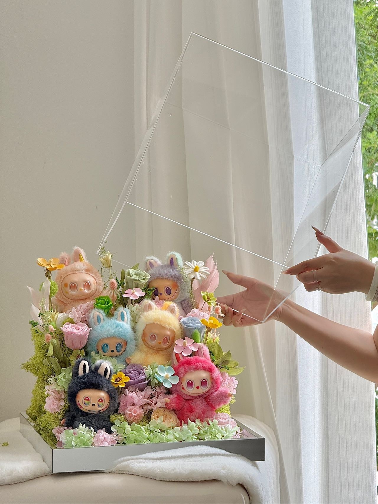 Labubu Inspired doll - Extra Large Preserved Flower Garden with Dolls