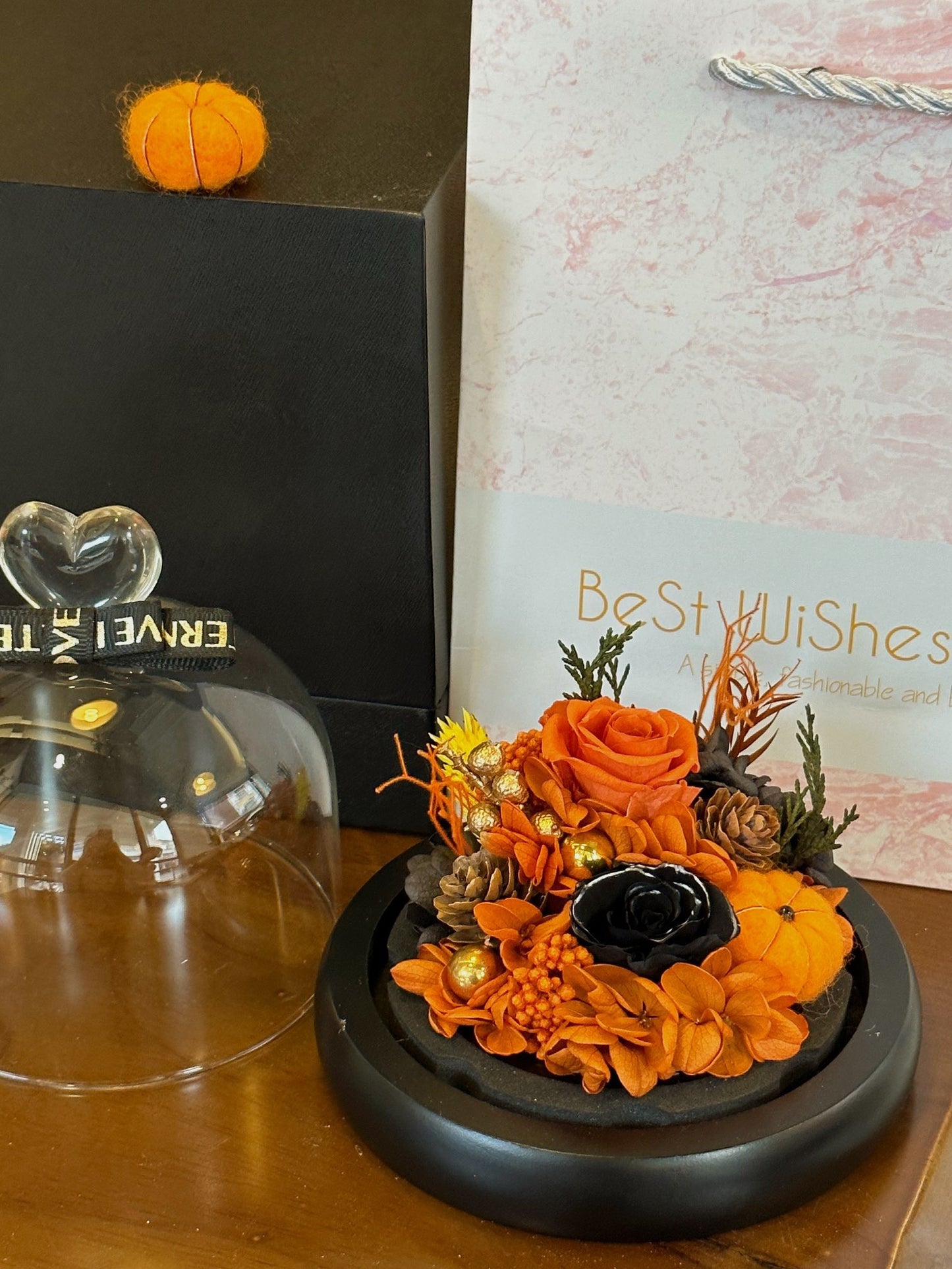 Halloween Preserved Flower Dome | Pumpkin-Themed Glass Cloche LED Night Light | Gift Box Included