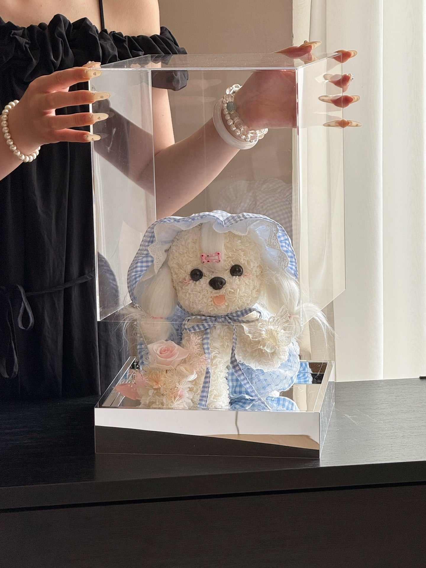 Blue Gingham Rose Puppy | Handmade Preserved Flower Puppy