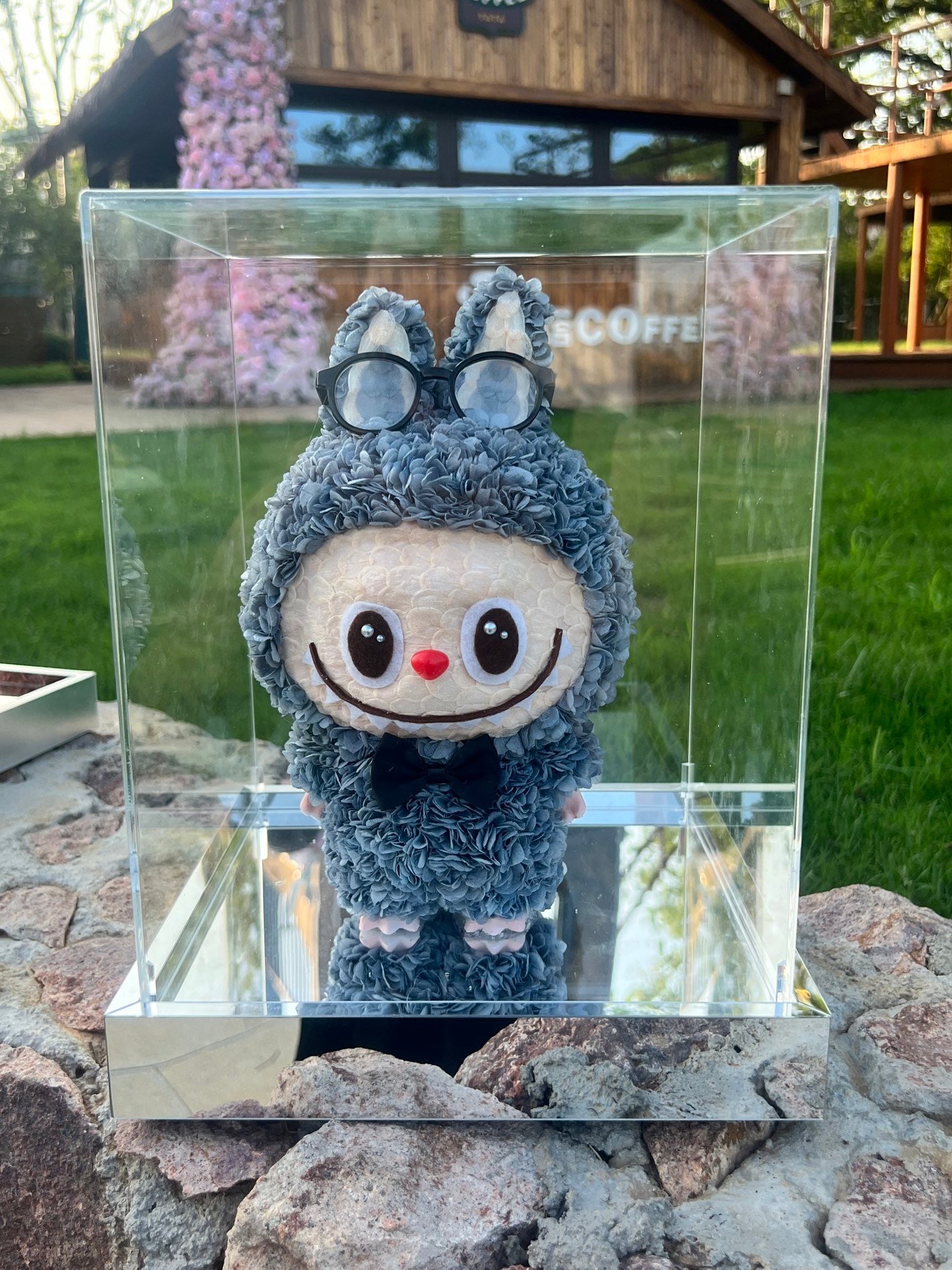 Labubu Figure inspired (Charcoal Grey) Handmade Preserved Hydrangea  –  Cute Decoration Gift