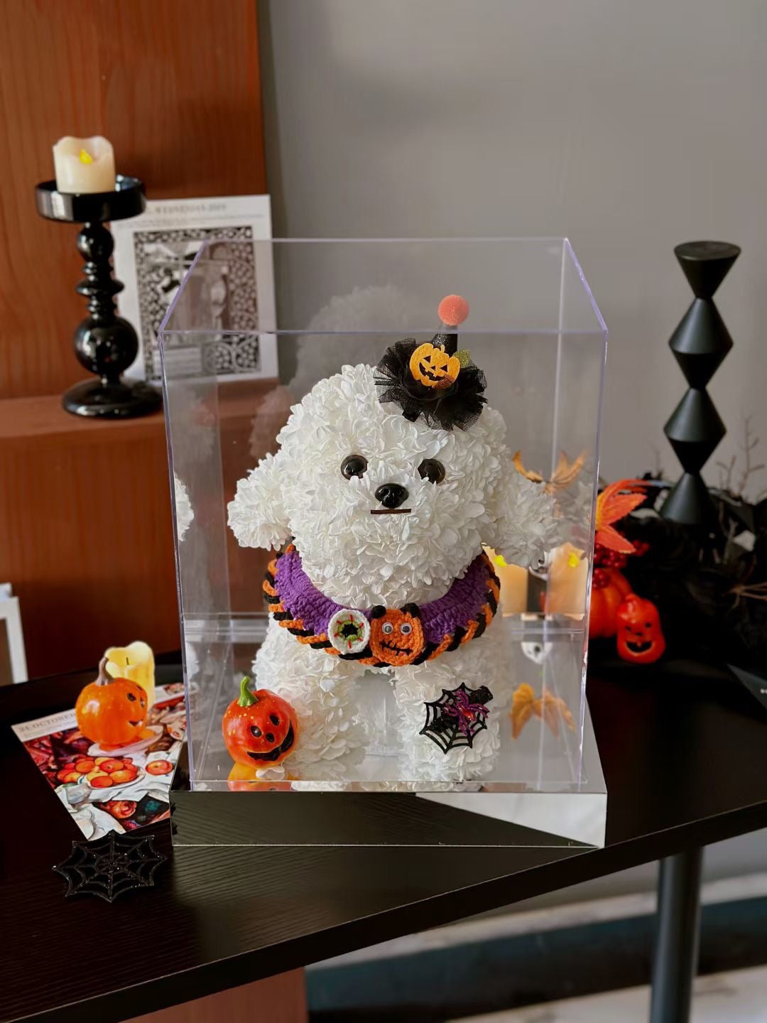 Halloween Limited Preserved Flower Dog | Large Dog Halloween Display | Trick or Treat Themed Floral Art