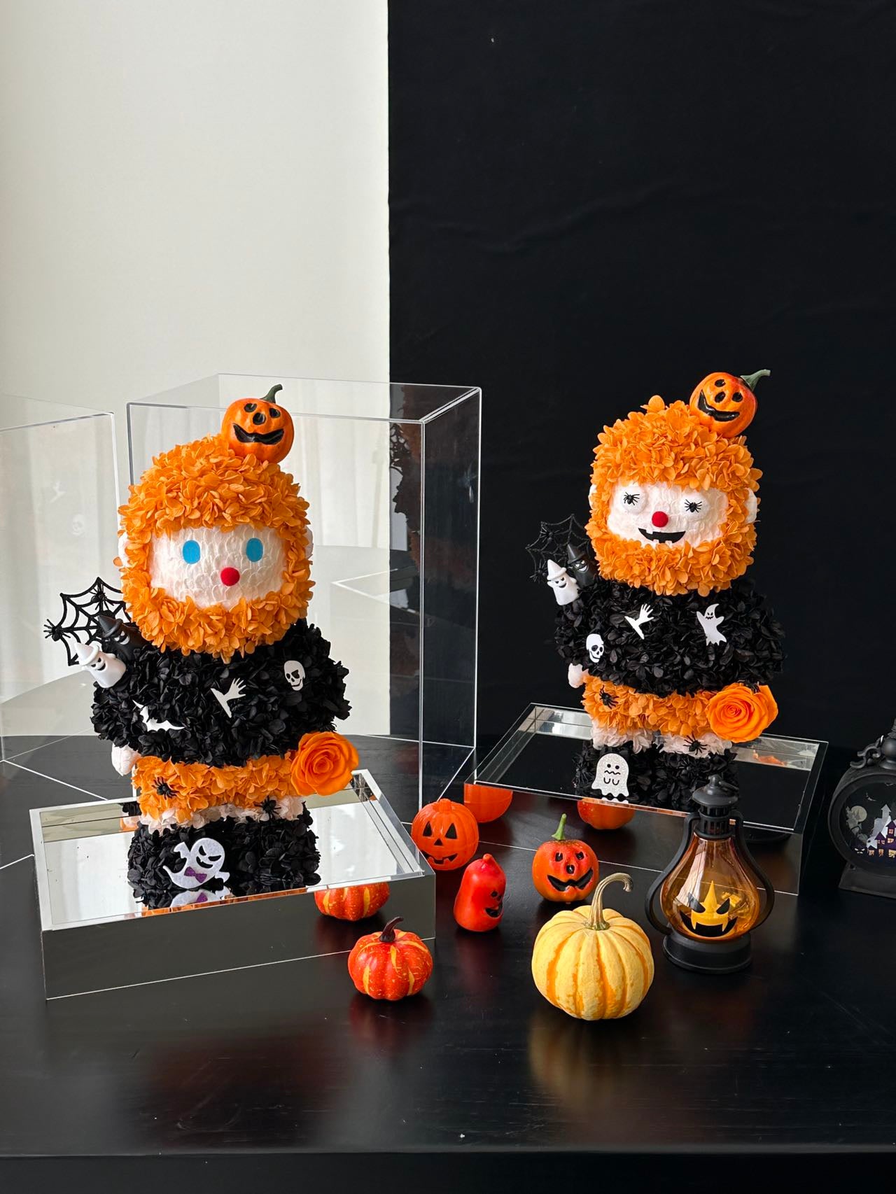 Halloween Preserved Flower Arrangement | Pumpkin Egg Ghost Design | Large Spooky Display in Acrylic Box
