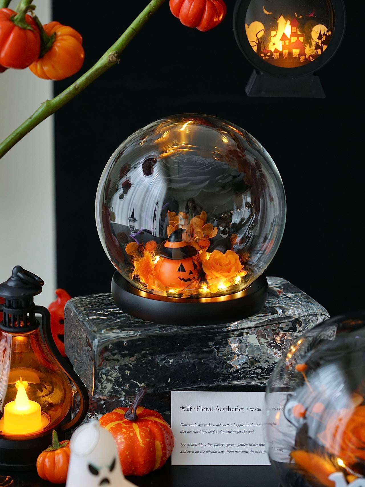 Halloween Preserved Flower Night Light Globe | Pumpkin & Ghost LED Decoration | Trick-or-Treat Gift