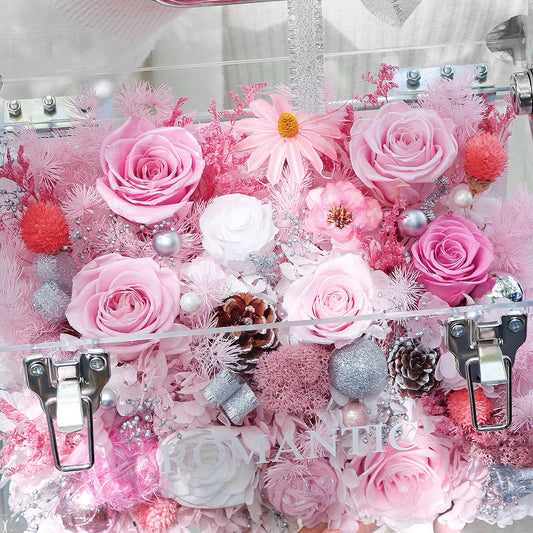 Christmas Preserved Flower Hand-Carry Box | LED Gift Box | Luxury Acrylic Floral Bag – Pink / Red-Green Holiday Edition