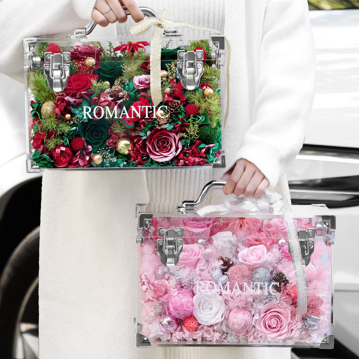 Christmas Preserved Flower Hand-Carry Box | LED Gift Box | Luxury Acrylic Floral Bag – Pink / Red-Green Holiday Edition