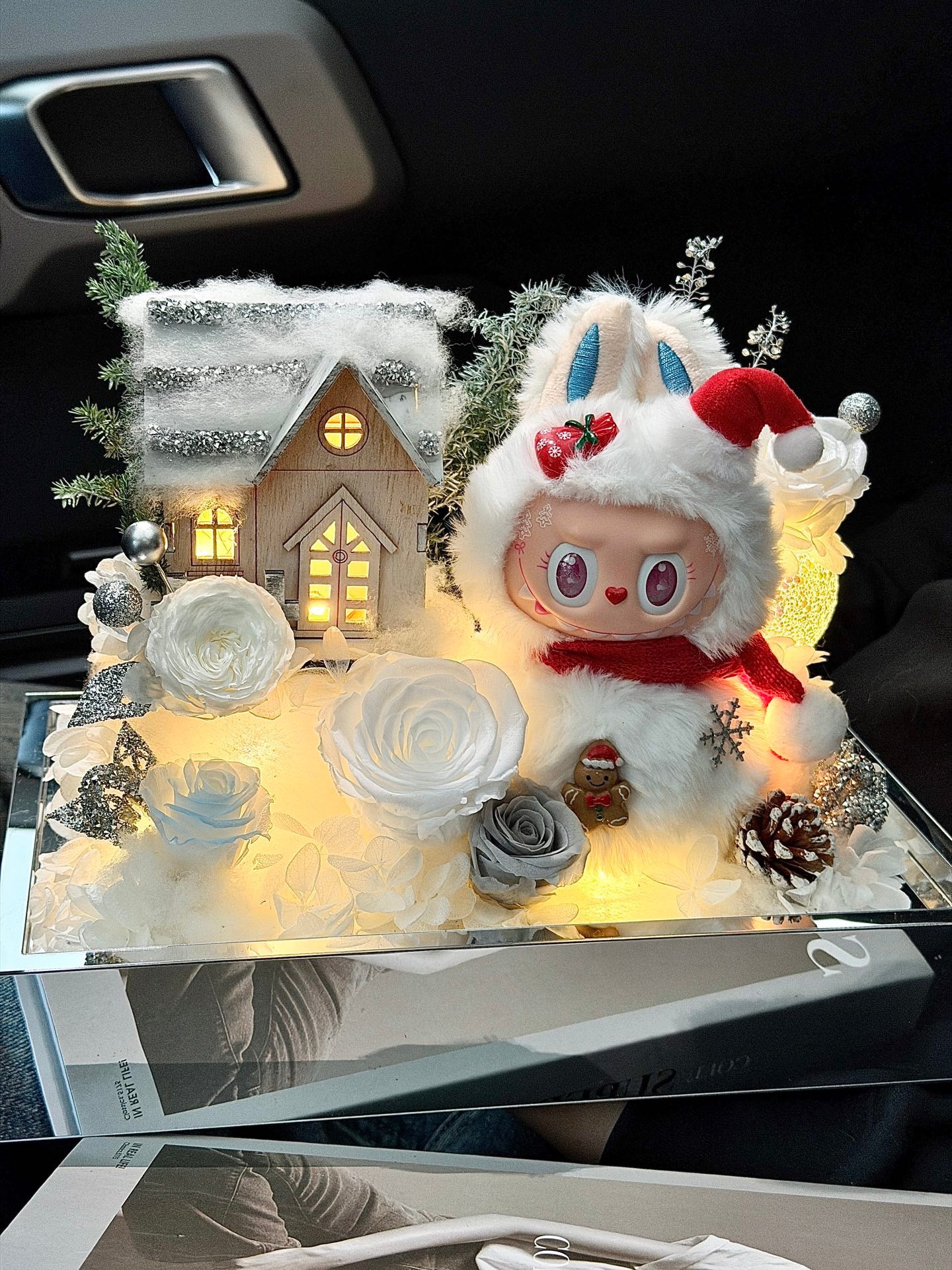 Handcrafted Christmas preserved flower box with LED snowy house & winter bunny. Perfect Xmas gift and festive home décor. Long-lasting preserved flowers.