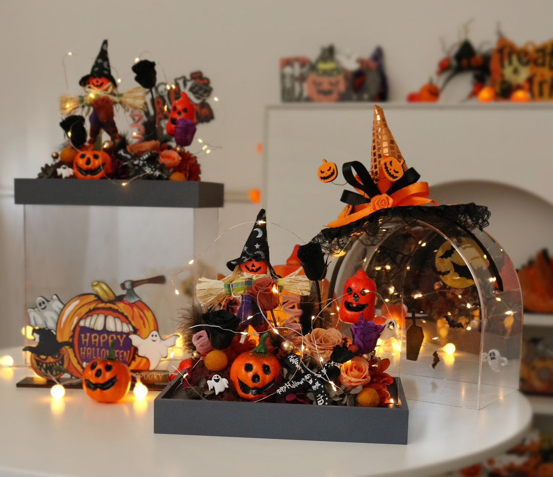 Halloween Preserved Flower Arrangement | Sweet Little Devil Theme | Witch Hat Dome Display | Spooky Centerpiece