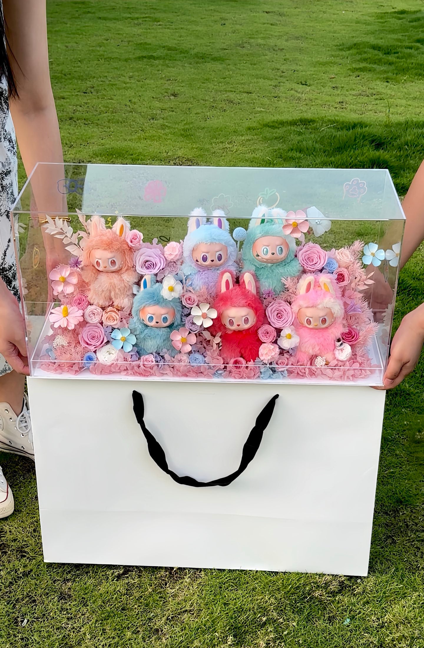 Labubu inspired - Extra Large Preserved Flower Garden with Dolls