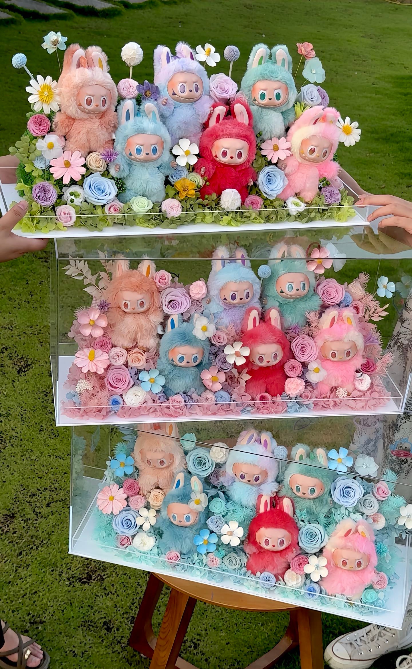 Labubu inspired - Extra Large Preserved Flower Garden with Dolls