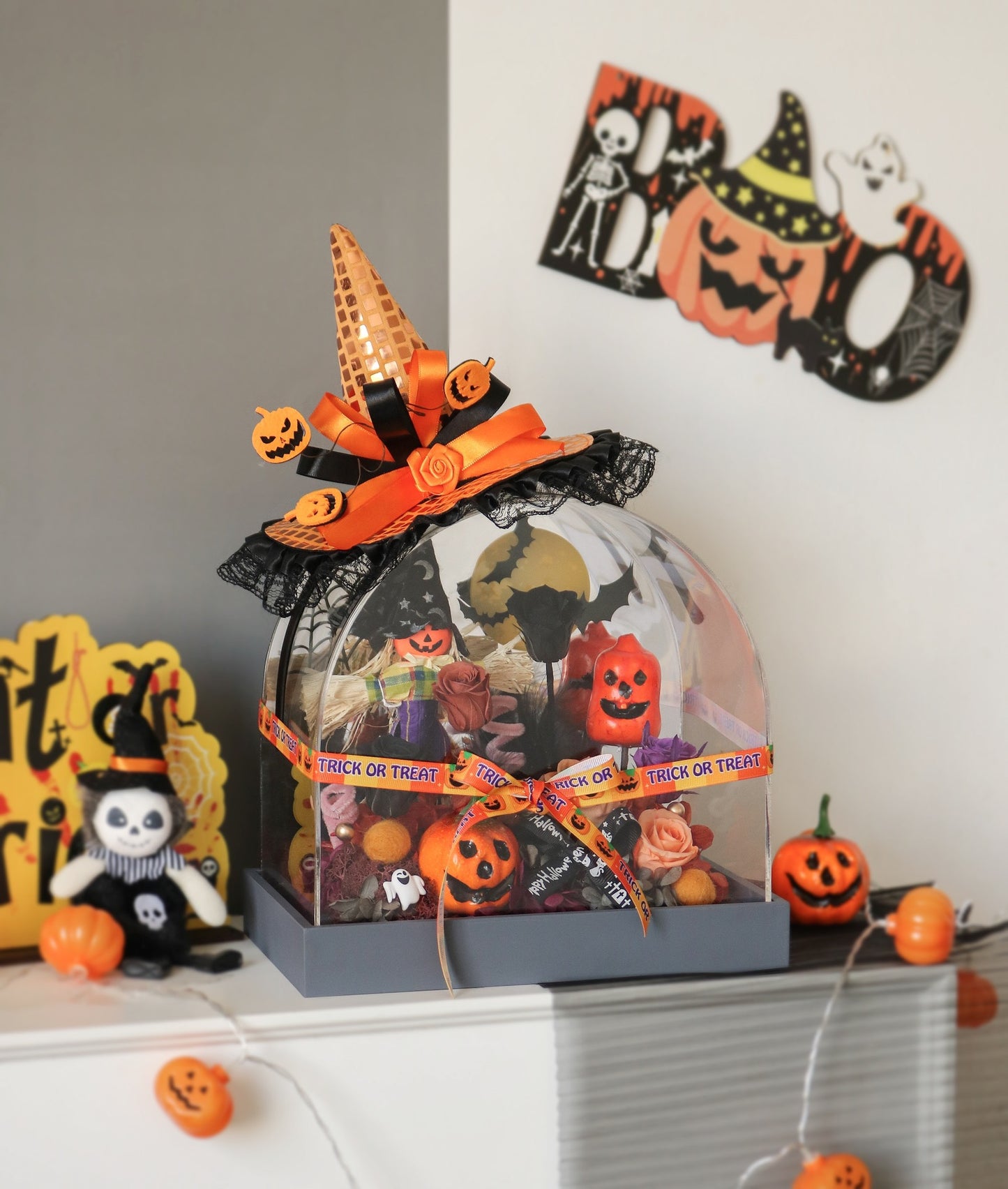 Halloween Preserved Flower Arrangement | Sweet Little Devil Theme | Witch Hat Dome Display | Spooky Centerpiece