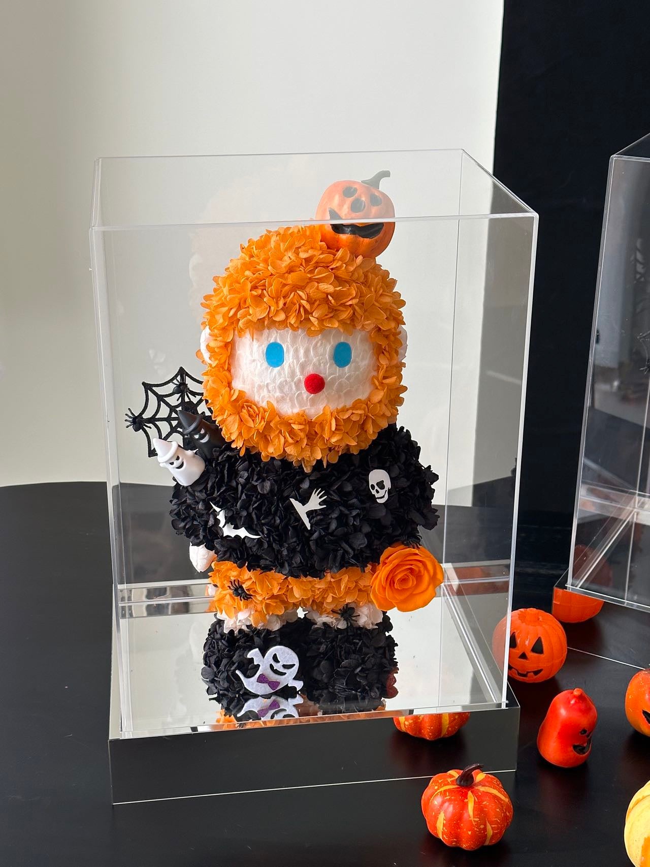 Halloween Preserved Flower Arrangement | Pumpkin Egg Ghost Design | Large Spooky Display in Acrylic Box