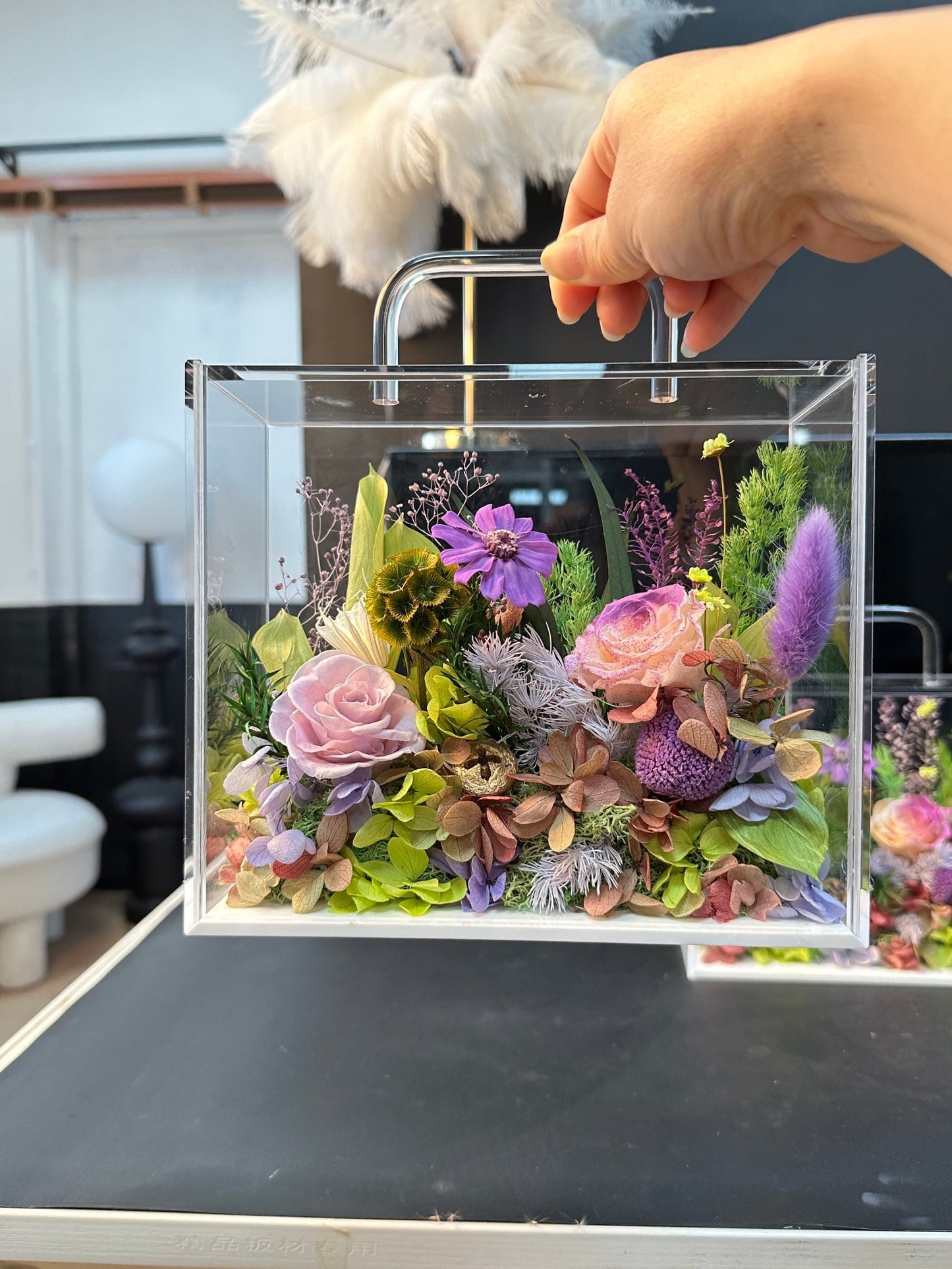 Preserved Carnation Flower Acrylic Handbag Arrangement | Mother’s Day Gift | Gift for Mum