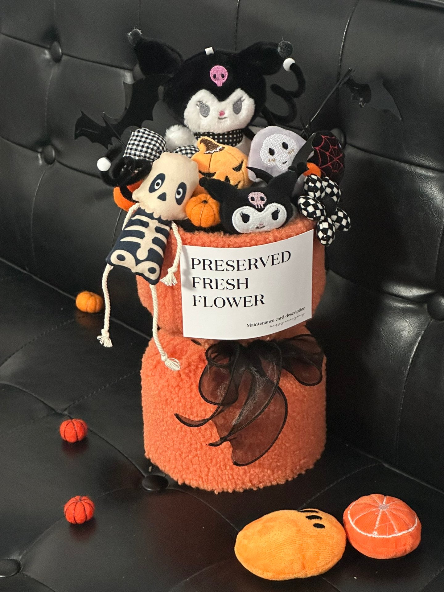 Halloween Preserved Flower Arrangement | Kuromi & Skeleton Plush Halloween Bouquet | Cute Spooky Gift