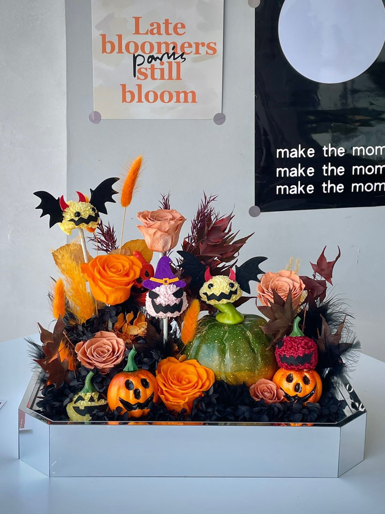 Halloween Preserved Flower Arrangement | Pumpkin & Bat Decorative Floral Box | Large Halloween Centerpiece