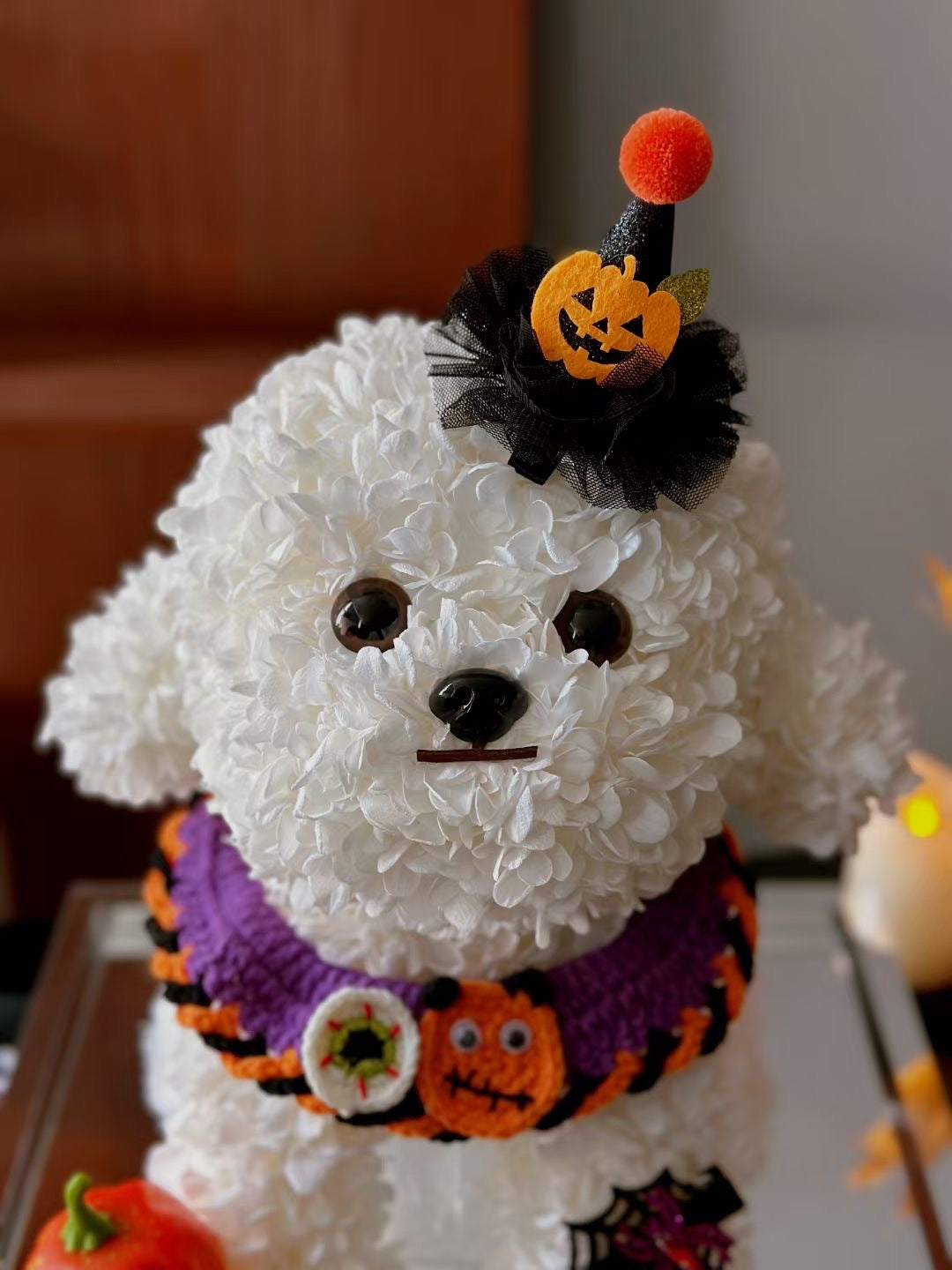 Halloween Limited Preserved Flower Dog | Large Dog Halloween Display | Trick or Treat Themed Floral Art
