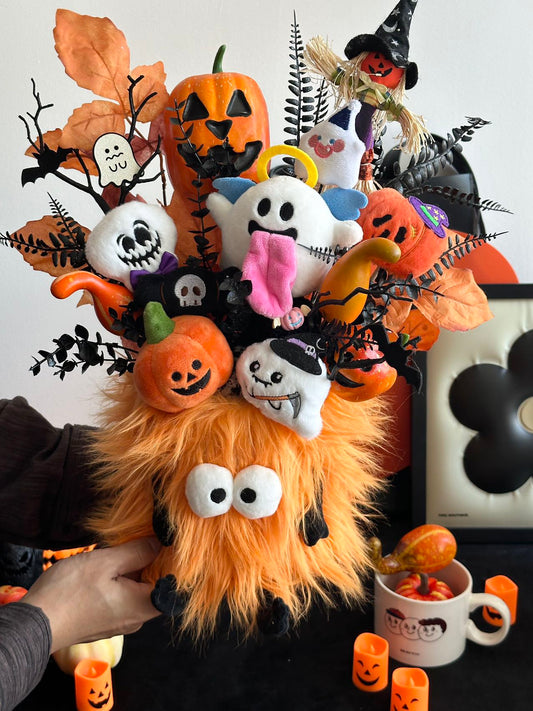 Halloween Plush Bouquet | No-Face Man & Monster Plush Arrangement | Cute Spooky Hug Bucket