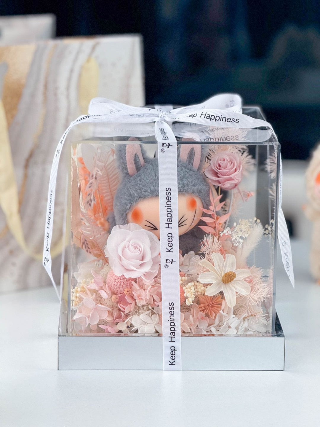 Preserved Flower Acrylic Box with Doll (Inspired by Labubu Style)