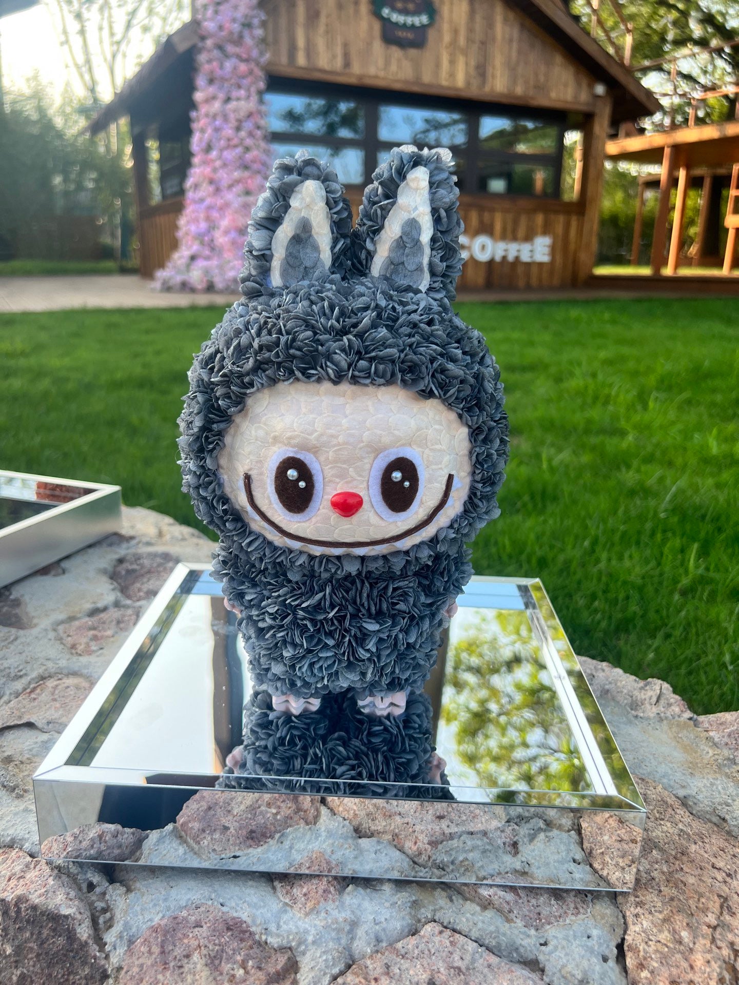 Labubu Figure inspired (Dark Grey) Handmade Preserved Hydrangea  –  Cute Decoration Gift