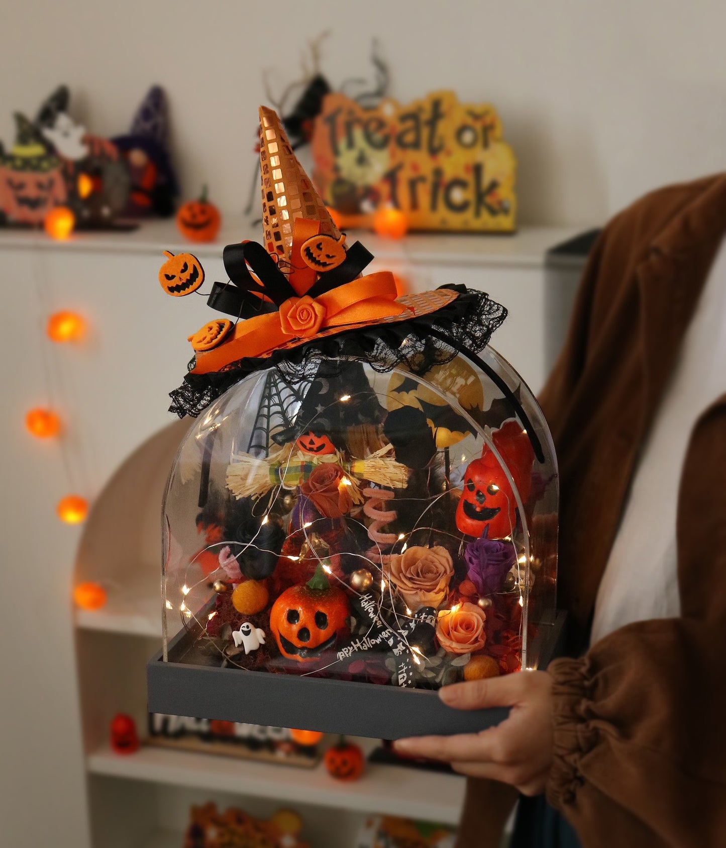 Halloween Preserved Flower Arrangement | Sweet Little Devil Theme | Witch Hat Dome Display | Spooky Centerpiece