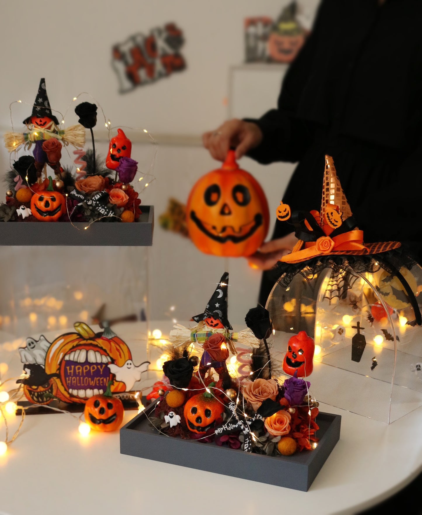 Halloween Preserved Flower Arrangement | Sweet Little Devil Theme | Witch Hat Dome Display | Spooky Centerpiece