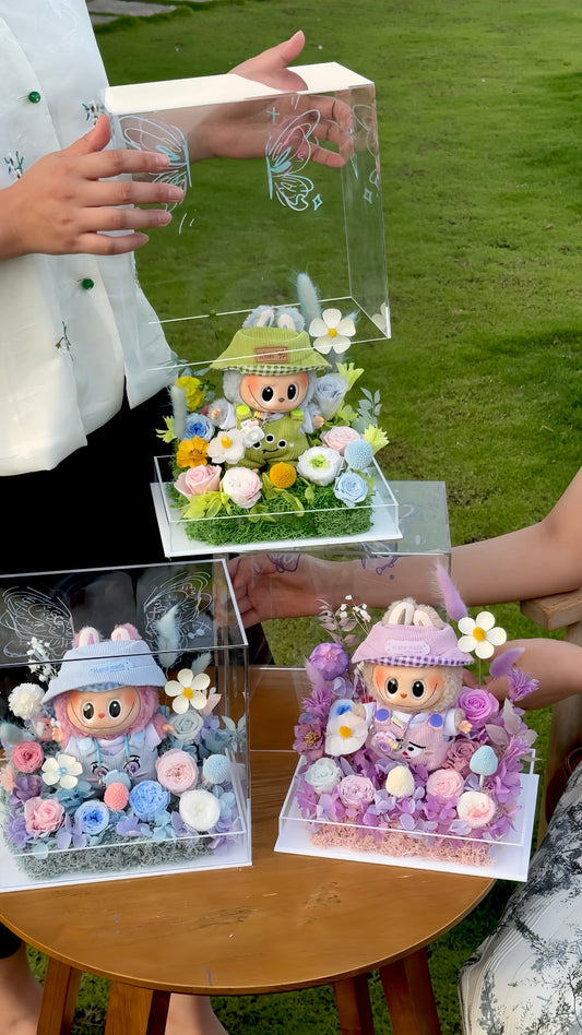 Preserved Flower Arrangement with Doll (Inspired by Labubu Style)