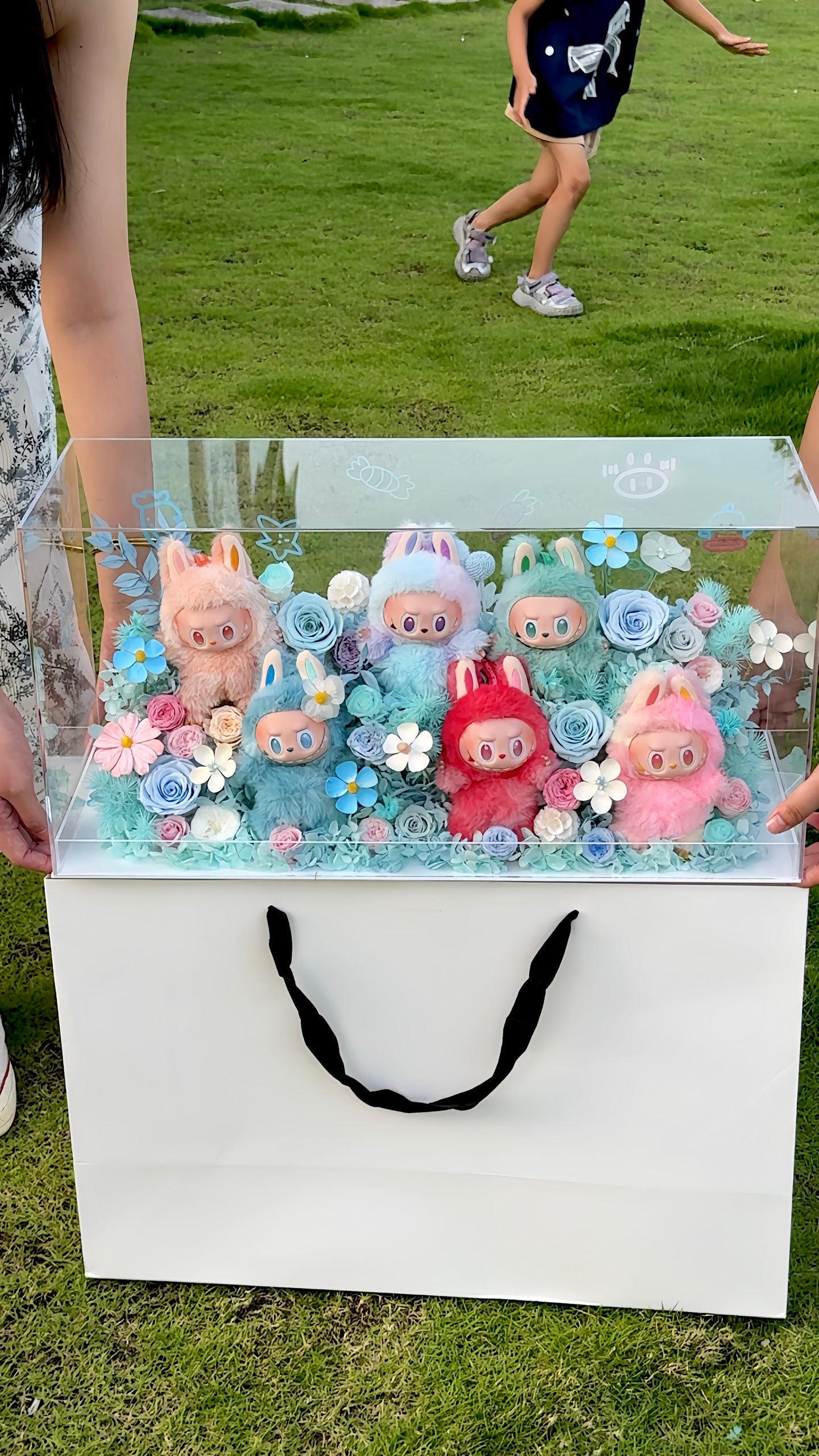 Labubu inspired - Extra Large Preserved Flower Garden with Dolls