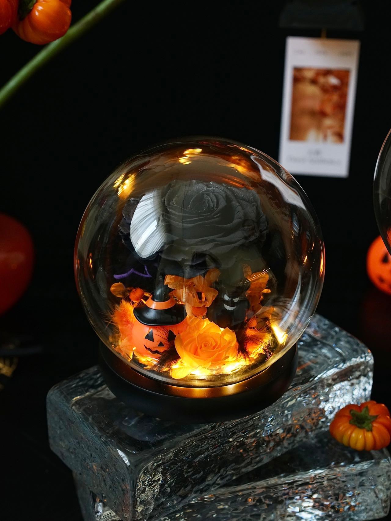 Halloween Preserved Flower Night Light Globe | Pumpkin & Ghost LED Decoration | Trick-or-Treat Gift