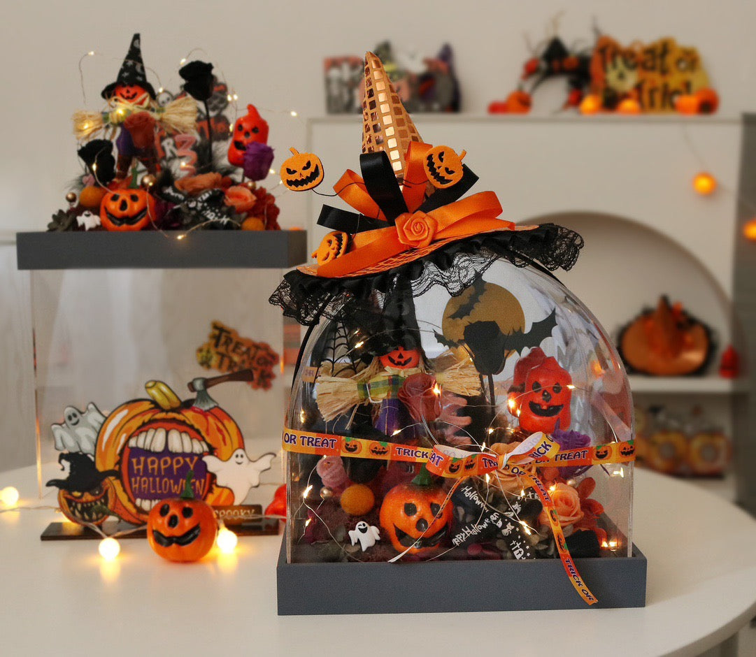 Halloween Preserved Flower Arrangement | Sweet Little Devil Theme | Witch Hat Dome Display | Spooky Centerpiece