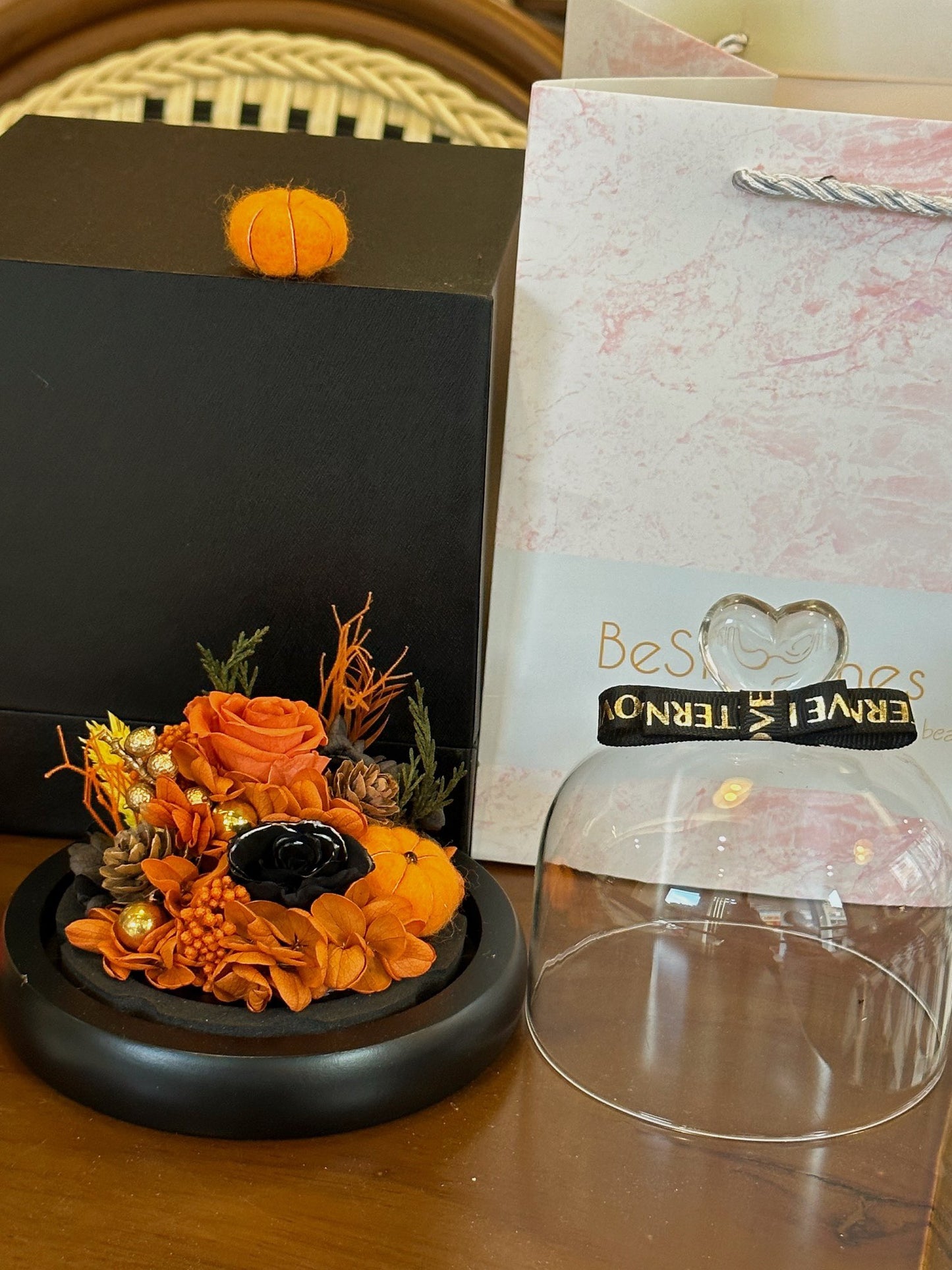 Halloween Preserved Flower Dome | Pumpkin-Themed Glass Cloche LED Night Light | Gift Box Included