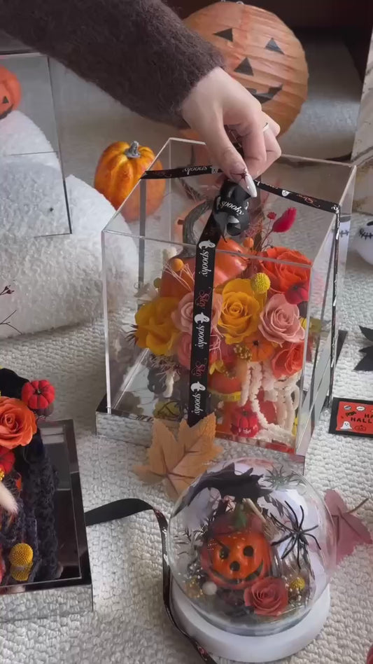 Halloween Pumpkin Preserved Flower Arrangement | Glass Display Box | Festive Autumn Centerpiece